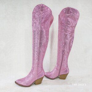 Country Glam Pink Rhinestone Disco Western Cowgirl Over The Knee Boots
